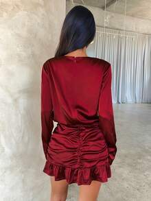 Aloruh 女式纯色褶皱圆领优雅长袖迷你连衣裙 - 酒紅色 - 查看 2
