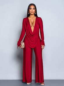 SOLERSUN 女士新款优雅深垂领长袖上衣和阔腿裤两件套服装，褶饰派对裤套装，女士两件套服装，节日晚装 - 酒紅色 - 查看 4