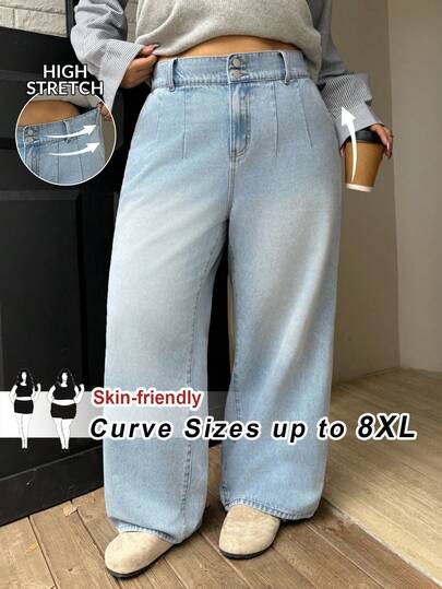 SHEIN CURVE+ Jeans casuales de talle alto y pierna ancha para mujer de talla grande