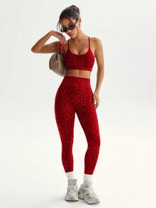 Dewbera Seamless High Stretch Leopard Print Sports Bra And Leggings Set Red Athletic Set Workout Women Set Red Leopard Print Workout Set - Red - View 3