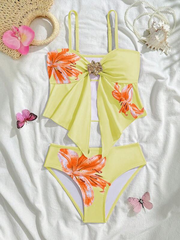 Tankinis con lazo para niñas preadolescentes, trajes de baño amarillos para niñas, lazos para trajes de baño de niñas preadolescentes, trajes de baño con flores para niños, traje de baño con mariposas para niñas, conjunto tropical para niñas
