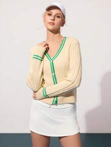 CourtClass Women's Striped Regular Fit Long Sleeve V-Neck Knit Cardigan Long Sleeve Tennis Top Women Athletic Cardigan Tennis For Women Women Tennis Apparel Tennis - Apricot - View 4