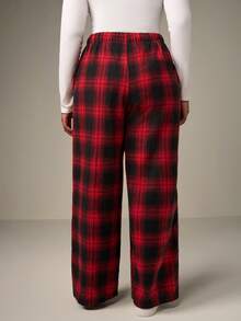 SHEIN Tall CURVE Quần Cargo cạp rút họa tiết kẻ caro đỏ Giáng sinh cỡ lớn có túi, lót nhiệt - Đỏ - Xem 2
