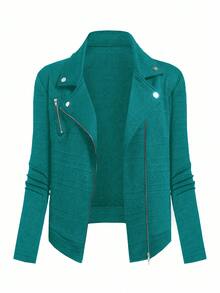 GlowEve Women's Casual Textured Fabric Zip-Up Lapel Motorcycle Jacket - Teal Blue - View 8