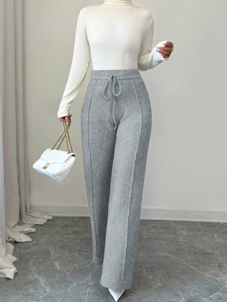 Selianne 女士高腰抽绳宽松版型奢华针织阔腿裤 - 灰色 - 查看 1