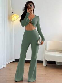 Chiquease Bộ đồ liền thân co giãn cao màu đen gợi cảm dành cho nữ có khóa trang trí kim loại phía trước và giữa, phong cách Âu Mỹ thường ngày - Màu xanh Bạc hà - Xem 7