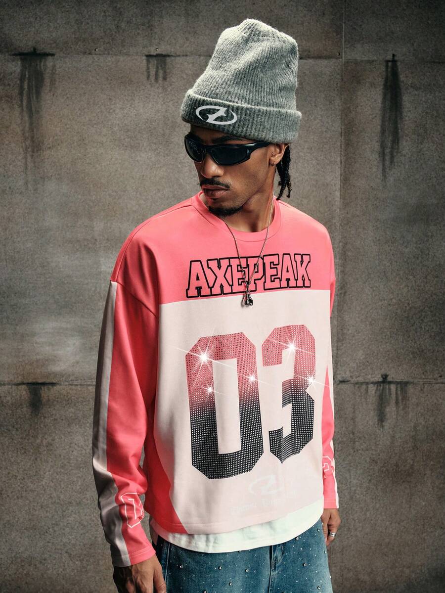 AXEPEAK Letter Print Color Block Rhinestone Decor Round Neck Long Sleeve T-Shirt - Pink - View 1
