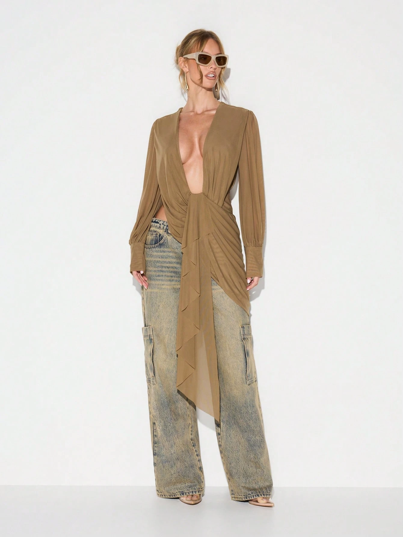 KIZN Long Sleeve Cowl Neck Mesh Drape Blouse