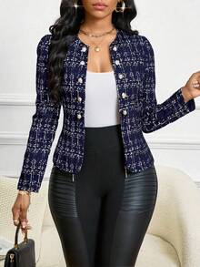 SHEIN Lady 女式格子泡泡袖单排扣优雅常规夹克经典格纹适合所有季节 - 藏蓝色 - 查看 1