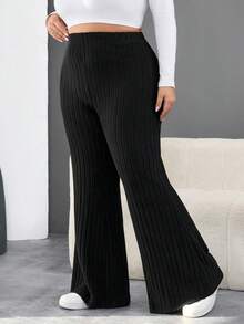 SHEIN CURVE+ 秋冬大码女式黑色罗纹喇叭裤 - 彩色 - 查看 5