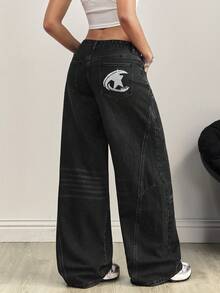 SHEIN Tall Tall Waist Patchwork Embroidered Washed Denim Wide Leg Pants - Black - View 1