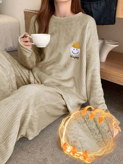 DAZY 条纹法兰绒加厚可爱表情装饰宽松长袖上衣和裤子两件套蓬松睡衣套装，秋冬季舒适保暖服