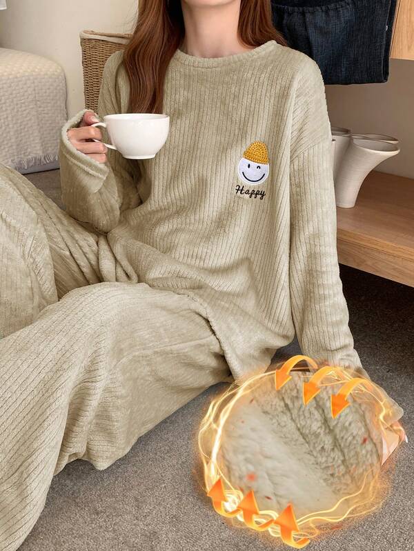 DAZY Striped Flannel Thickened Cute Expression Decor Loose Long Sleeve Top & Pants 2 Pieces Pajama Set, Autumn/Winter, Cozy Clothes