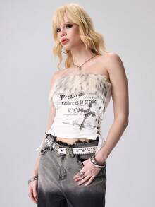 ROMWE Grunge Punk Top tubo de mujer con estampado de letras, decoración de cruz con tachuelas, encaje lateral y diseño romántico punk retro con pelaje, para otoño/invierno como prenda de capa - Beis - Ver 6
