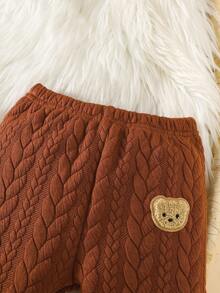 SHEIN Newborn Boy Baby Bear Pattern Double Fried Dough Twists Fabric White Splicing Blue Jacket Two Pieces Suit Fashionable Personalized Handsome Boys And Girls Can Wear - Brown - View 7