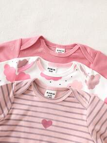 SHEIN 新生儿粉色云朵条纹长袖连体衣，婴儿多件套服装，秋季 - 彩色 - 查看 6