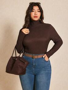 Elaquor Plus Size Solid Color Turtleneck Fitted Elegant Long Sleeve T-Shirt Brown - Coffee Brown - View 4