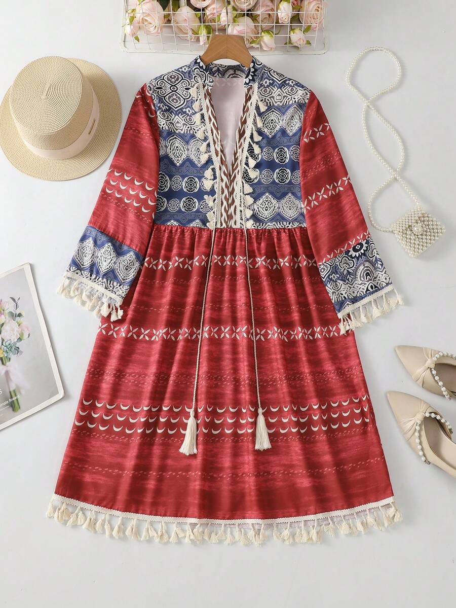 Breezaya Women's V-Neck Loose Casual Tassel Mini Dress