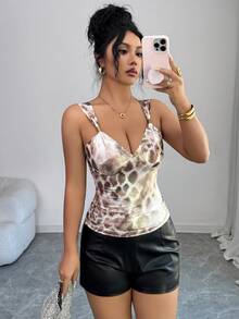 Rafferiza Women's Metallic Leopard Print Decorative Top Leopard Top Women Sexy Tops Sexy Tops For Club Snake Print Top Cheetah Top - Mocha Brown - View 3