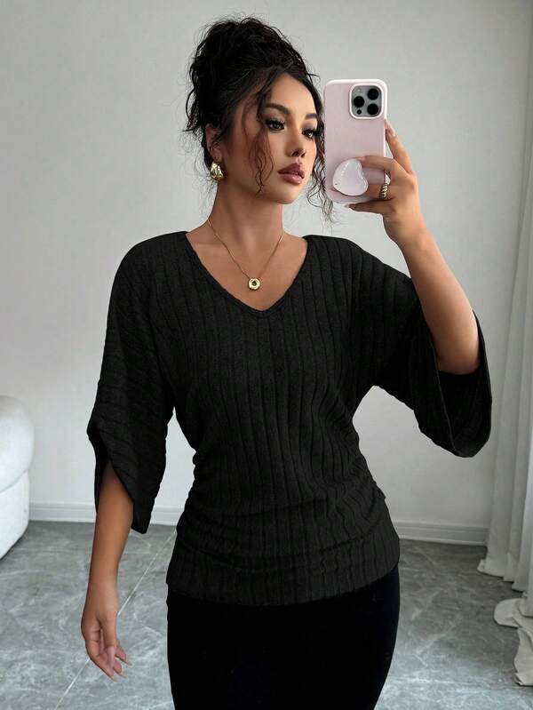 Selianne Women's Comfortable Casual V-Neck Ruffle Batwing Sleeve Solid Color Brushed Rib T-Shirt
