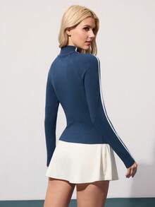 CourtClass Women's Autumn/Winter Fleece Ribbed Contrast Tape Fitted Long Sleeve Sporty Casual Golf Polo Shirt Golf Tops For Woman Long Sleeve Tops Tennis Top Long Sleeve Tops For Women Golf Shirt Tennis Dress Long Sleeve Tennis Tops Long Sleeve Golf Women Apparel Equestrian Clothing - Blue - View 2