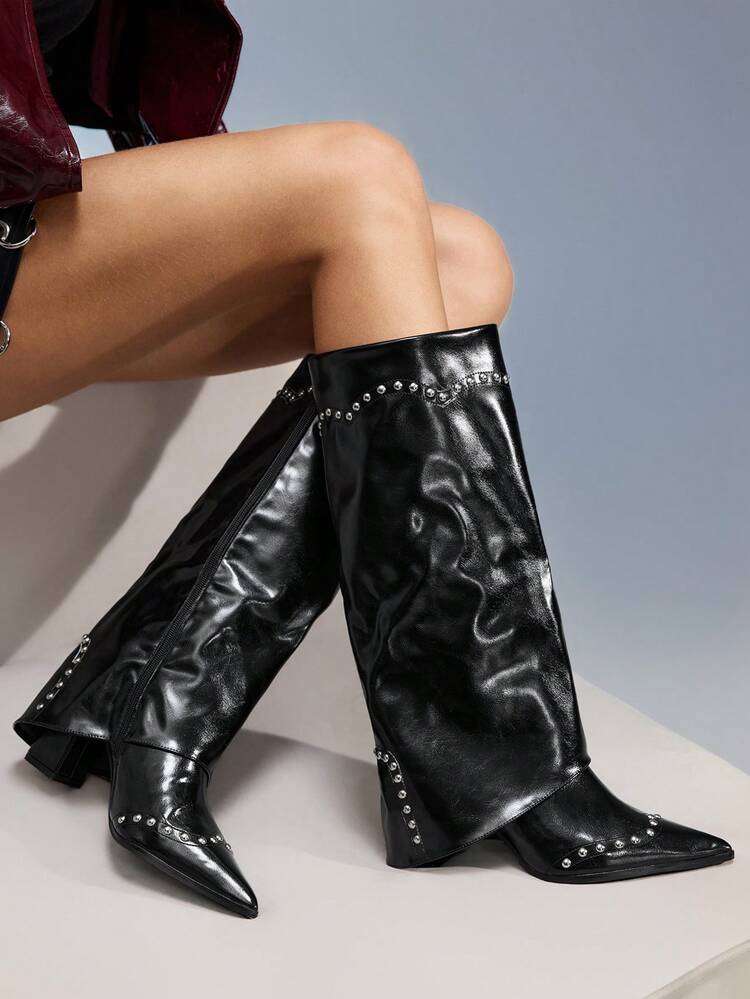 CUCCOO GRLICON Women's High Shaft Pointed Toe Chunky Heel Side Zipper Boots, Fashionable For European And American Style, Suitable For Halloween, Christmas, Party, Y2K, Punk, Motorcycle Outfits