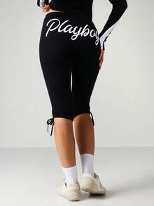 Missguided x Playboy 兔子标志条纹细节七分长度侧系带抽绳休闲运动紧身裤 - 黑色 - 查看 2
