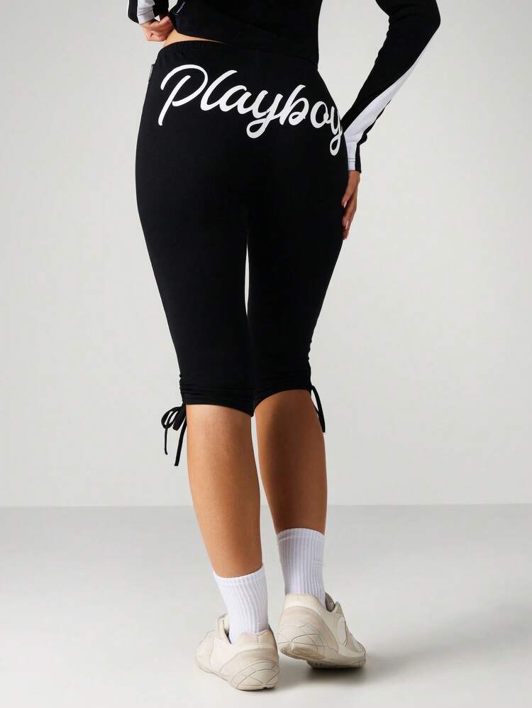 Missguided x Playboy Bunny Logo Stripe Detail Capri Length Side Tie Drawstring Leggings For Casual Athleisure