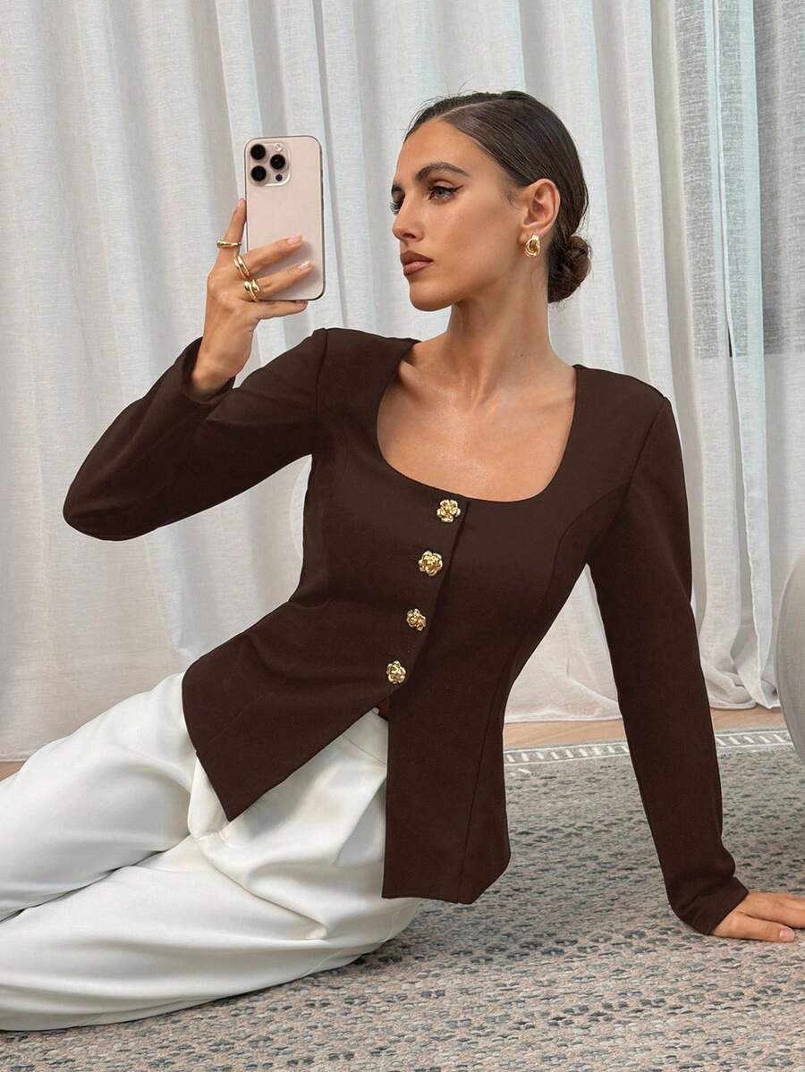 Lavishia Black Knit Square Neck Collar Long Sleeve Rose Gold Button Decor Fitted Women Shirt, Fashionable For Commuting - Coffee Brown - View 1