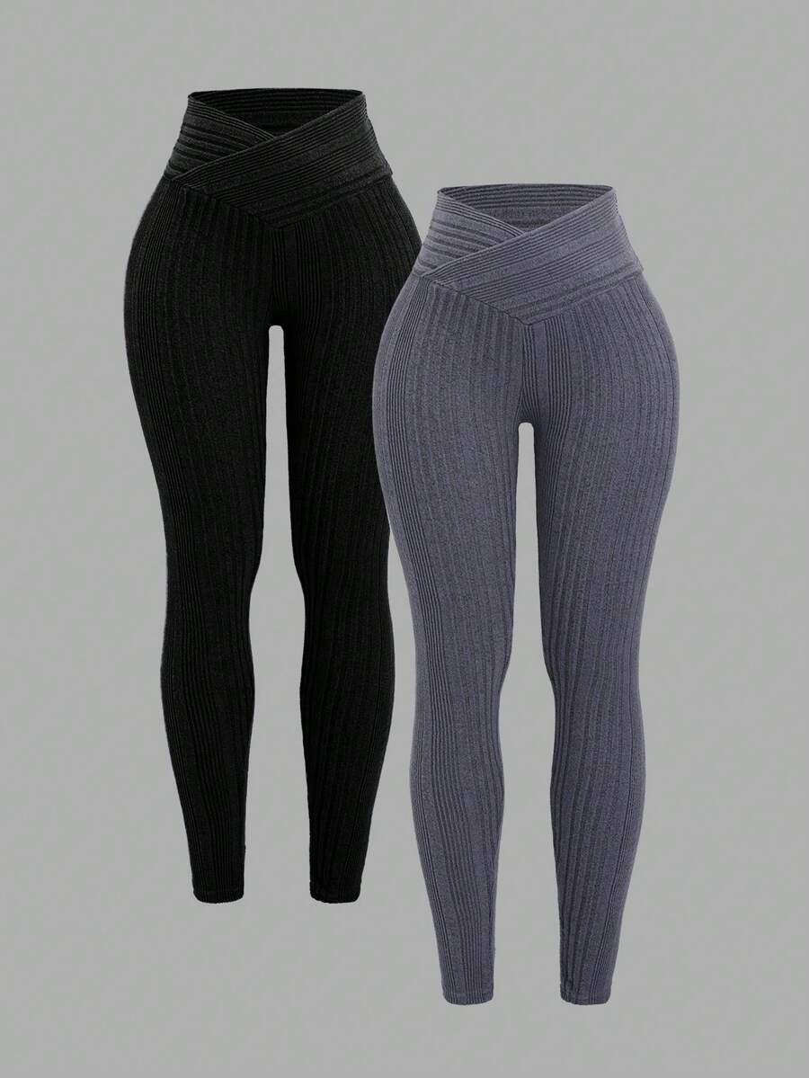 Sweetra 2 件套秋冬弹力修身瑜伽 V 腰针织浅灰色和深灰色紧身裤，高腰天鹅绒紧身裤女 - 彩色 - 查看 1