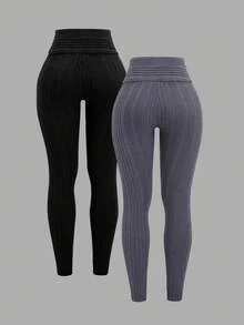 Sweetra 2 件套秋冬弹力修身瑜伽 V 腰针织浅灰色和深灰色紧身裤，高腰天鹅绒紧身裤女 - 彩色 - 查看 2