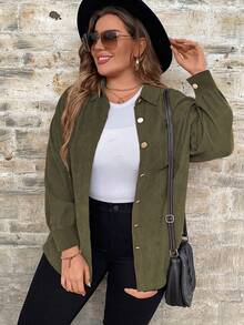 SHEIN PETITE CURVE Plus Size Solid Button Front Shirt, Autumn Fabric - Army Green - View 6
