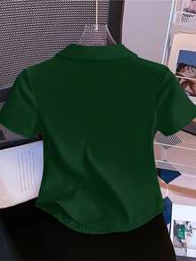 SHEIN 女式纯色 Polo 领短袖休闲百搭 T 恤 - 綠色 - 查看 2