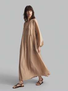 Ontre 2025 New Women's Loose V-Neck Lantern Sleeve Long Dress, Khaki Color, Spring/Resort - Khaki - View 4