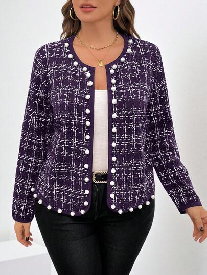 SHEIN Clasi Plus Size Women Tweed Print Beaded Decor Jacket, Suitable For Teachers, Autumn/Winter