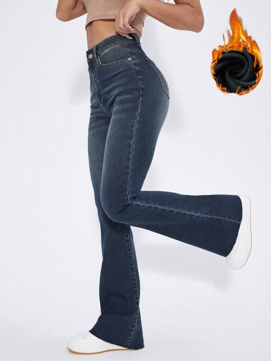 SHEIN ICON Jeans de pierna acampanada de cintura alta en azul denim lavado - Azul lavado oscuro - Ver 1