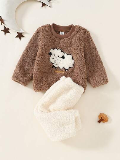 2pcs Toddler Boys' Casual Plush Long Sleeve Pajama Set,Cute Sheep Pattern Pajamas, Plush Style, Loungewear,Brown Fluffy Loungewear Pajamas Fleece Pajamas Cozy Pixies Baby Girl Set Brown Baby Clothes Toddler 2 Piece Winter Fur Clothing Baby Girl Fleece Sets Warm Baby Girl Clothes