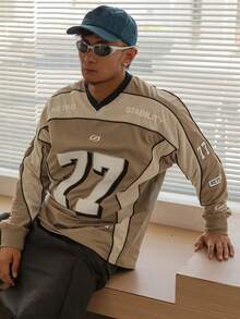 DAZY 男士拼接布料字母图案刺绣印花V领T恤，秋季商务装 - 彩色 - 查看 5