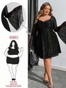SHEIN CURVE+ Christmas Plus Size Women's Black Lace Jacquard Flare Sleeve Short Knit Dress, New Year Outfit - Black - View 7