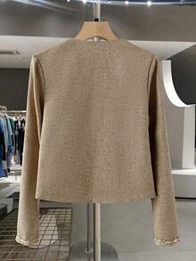 Lyxana Elegant Patchwork Ribbon Business Casual Jacket, Autumn/Winter - Khaki - View 2
