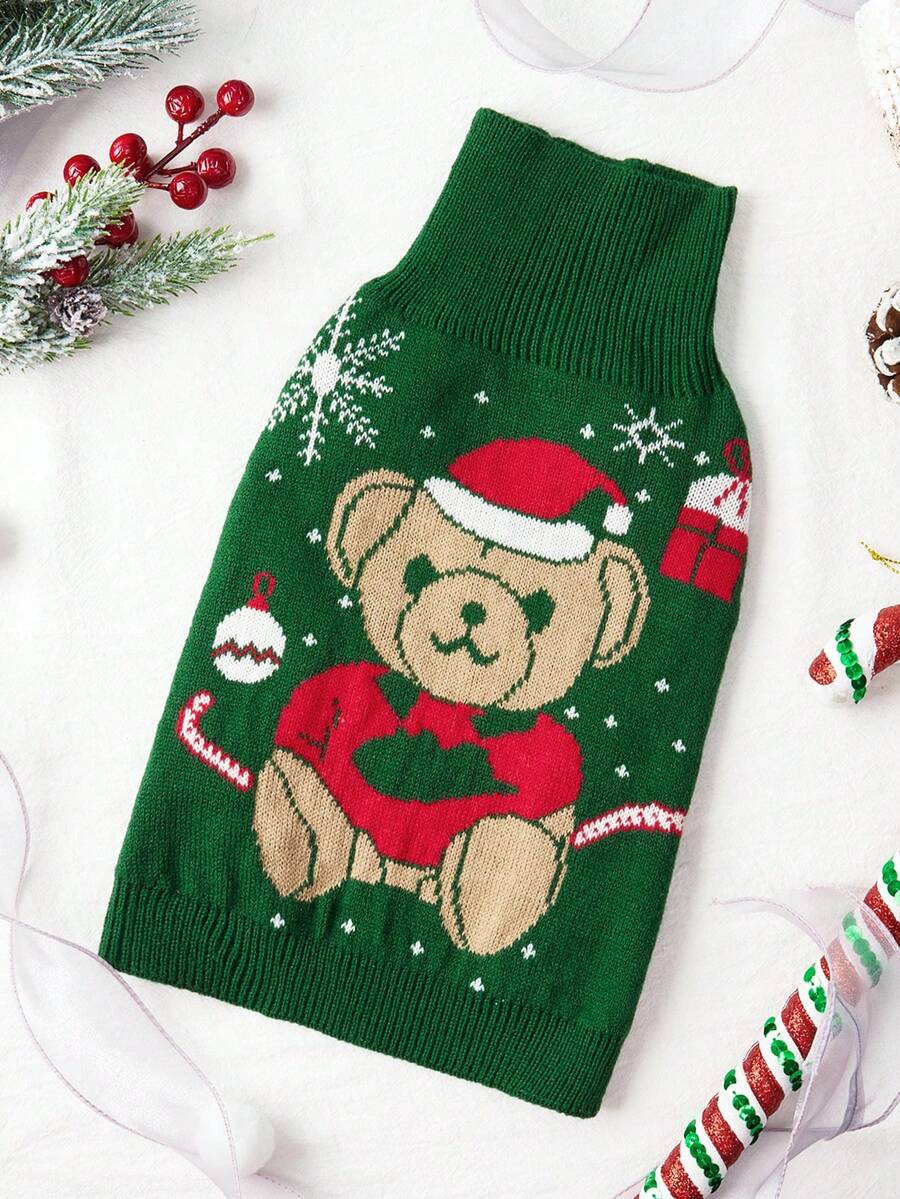 1pc Christmas Pet Cat Dog Universal Green Diamond Grid Elk Snowflake Cute Pattern Jacquard Knitted Elastic Comfortable Dog Christmas Sweater - Multicolor - View 1