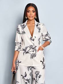 SOLERSUN Women's Elegant Floral Print Single-Button Blazer And Pants Suit Set, Autumn - Apricot - View 5