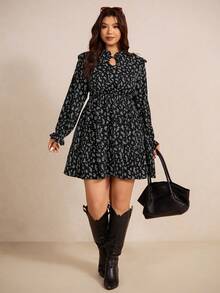 Elaquor Plus Size Ruffle Hem A-Line Dress, Ditsy Floral Casual Elegant Everyday Long Sleeve Suitable For Spring Layering Black Flower - Black - View 2