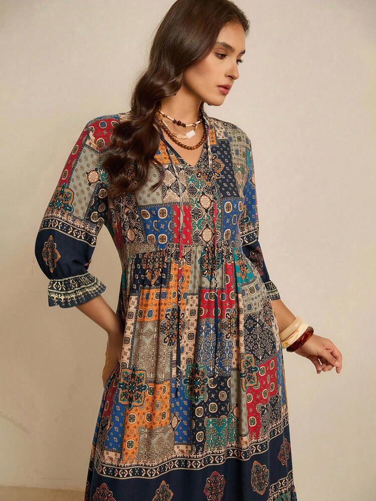 Freevana Vestido Plus Size de Outono e Inverno, Volta às Aulas, Fantasia Plus Size de Halloween, Casual de Negócios Plus Size, Roupas Vintage Plus Size, Roupas de Homecoming Plus Size, Roupas de Outono Plus Size, Estilo Old Money Plus Size, Vestidos Fluidos Plus Size, Roupas Confortáveis de Outono e Inverno Plus Size, Vestido Longo Plus Size, Vestido Longo Plus Size - Multicolorido - Visão 7