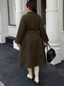 Easura Plus Size Women's Solid Color Raglan Sleeve Belted Casual Long Woolen Coat, Autumn/Winter - Coffee Brown - View 2