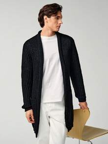 Manfinity Homme 男士纯色休闲百搭长袖针织开衫，外出落肩纯色厚实休闲超大纯黑色开衫，适合丈夫、男友礼物，适合秋冬，垃圾摇滚风格 - 黑色 - 查看 6