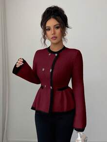 Elenzga Women's Elegant Round Neck Front Button Design Contrast Color Sweater - Burgundy - View 3