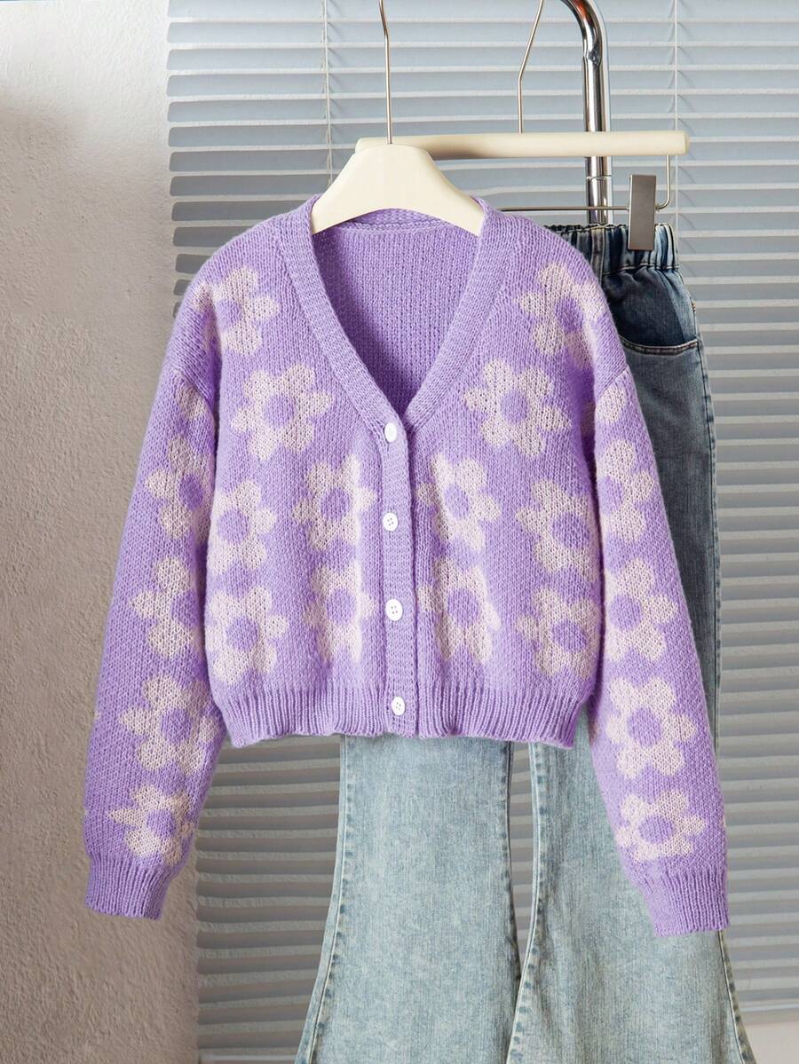 SHEIN 時尚休閒可愛甜美櫻桃開襟衫,適合前青春期女孩,藍色花卉針織衫,女童畢業季秋季款 - 紫色 - 查看 1