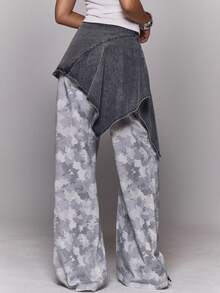 MUSERA 迷彩印花不对称半身裙搭配叠穿阔腿裤，秋冬日常外出休闲酷炫街头风，水洗效果，春夏百搭 - 淺灰色 - 查看 4