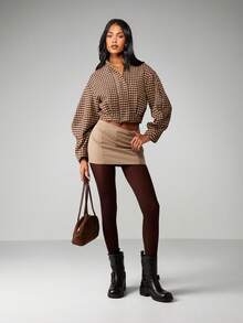 MISSGUIDED Classic Houndstooth Pattern Cropped Jacket Button Front Fall Winter Outerwear - Brown - View 3